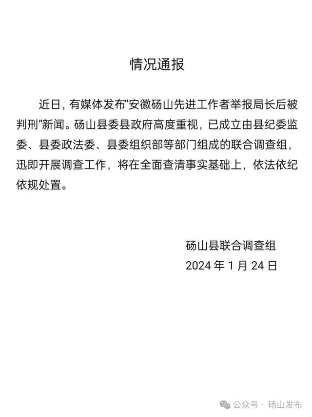 先进工作者举报局长后被判刑?安徽砀山通报:成立联合调查组